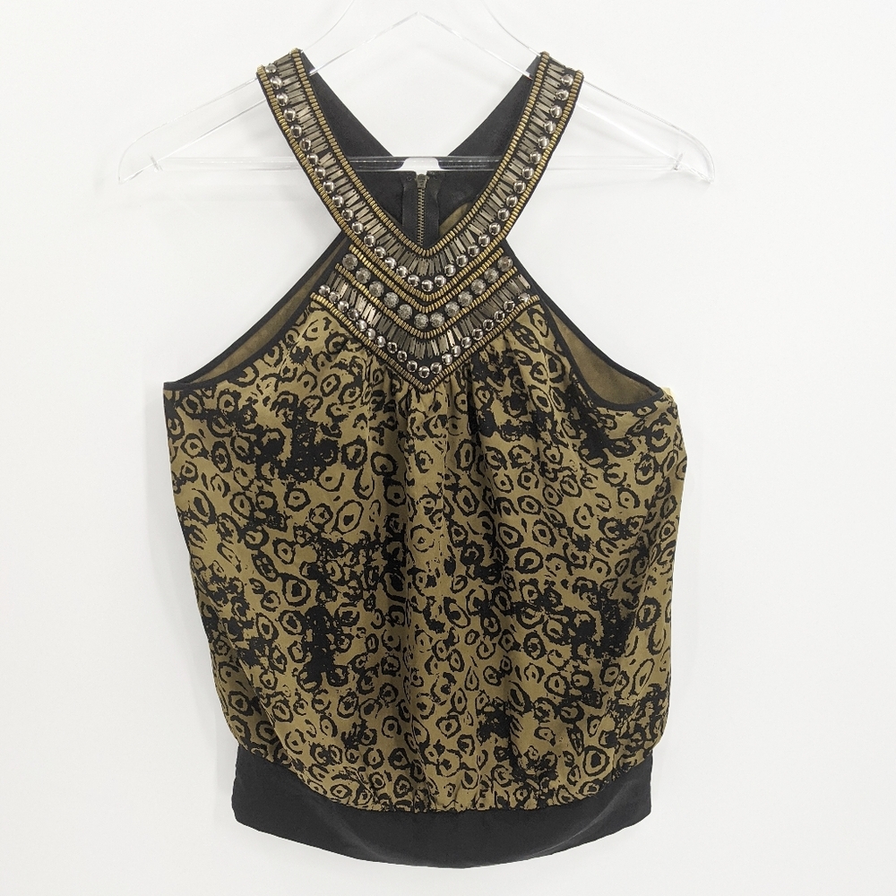 Bebe Silk Printed Beaded Open Shoulder Top Blouse